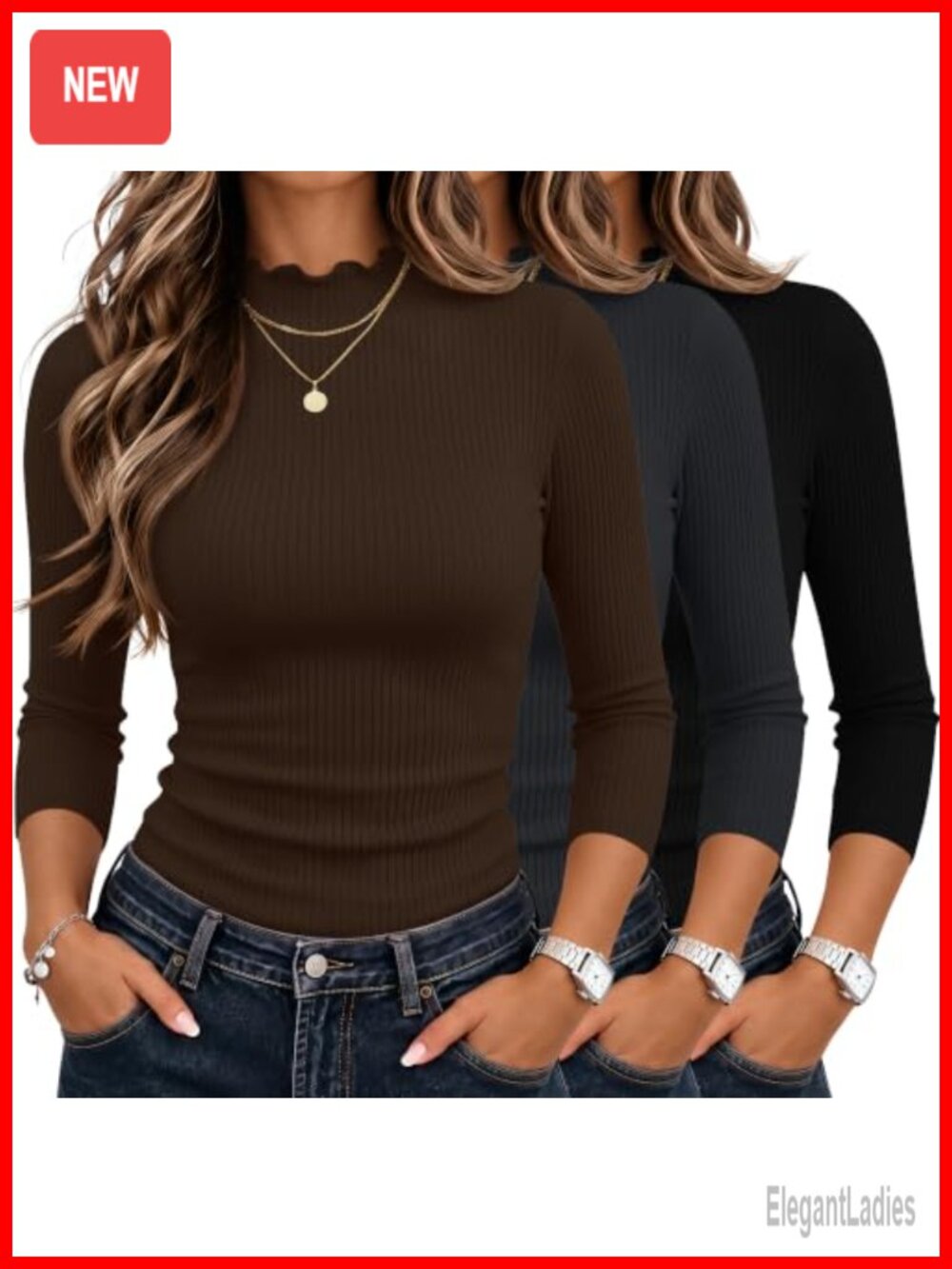 3/4 Sleeve Mock Neck Ribbed Cotton Tops 3 Pack Slim Fit